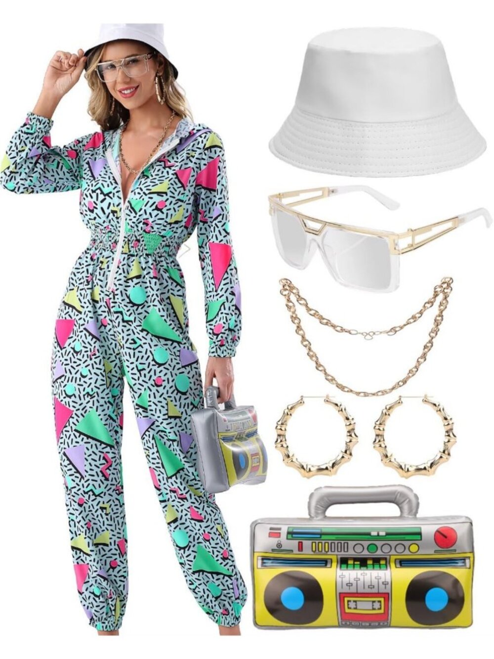 Retro 80s 90s Neon Jumpsuit Hoodie Tracksuit for Women - Hip Hop Party Outfit